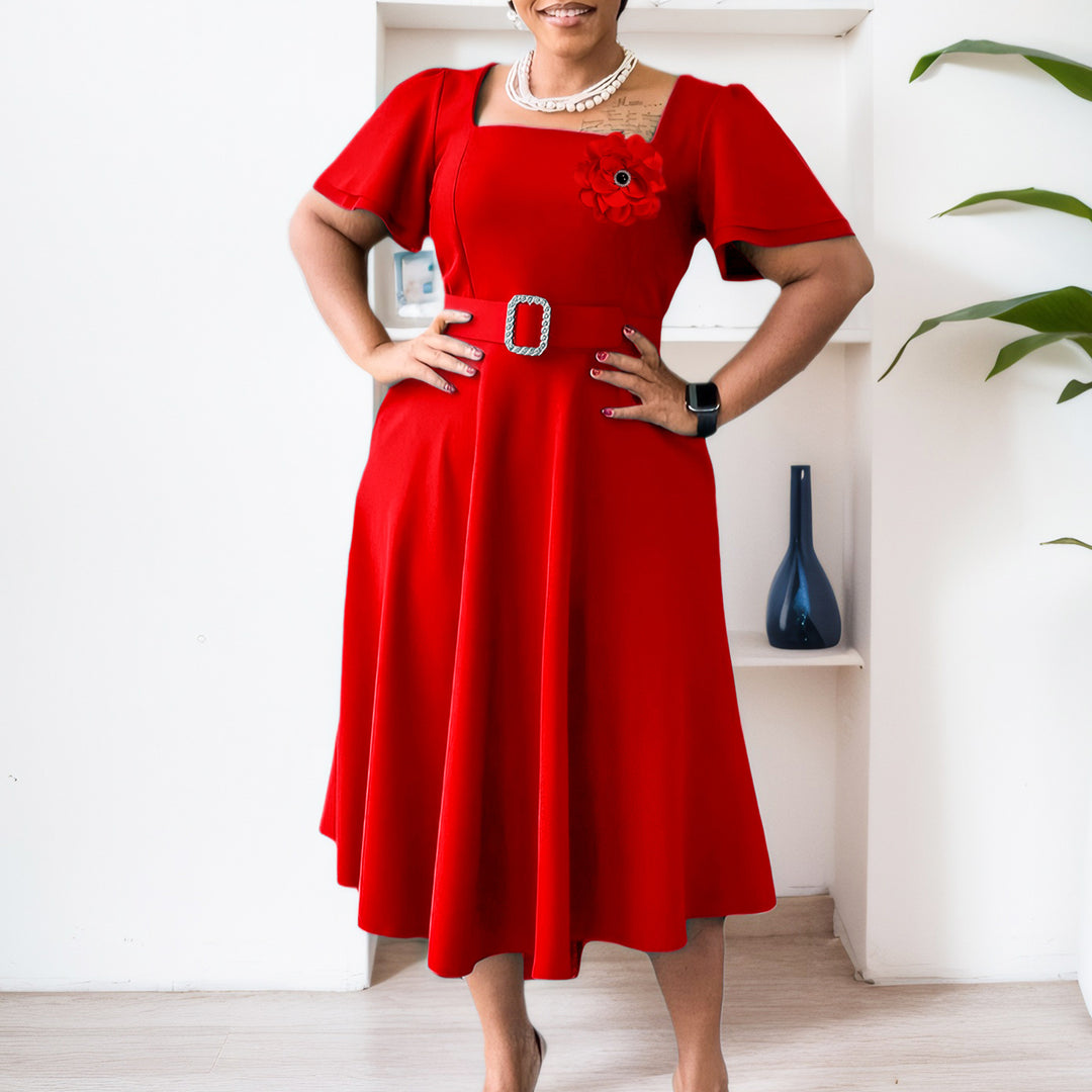 Damen Midi Kleid mit gerafftem Ausschnitt und breitem Gürtel Drune