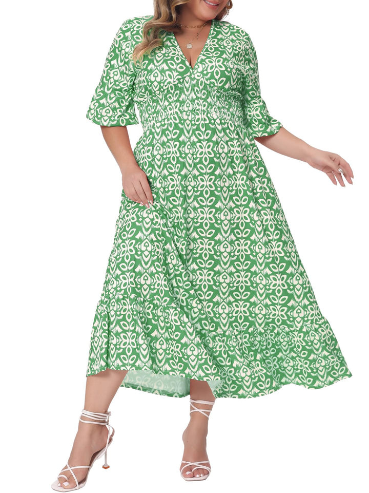 Damen Midikleid in A‑Linie mit grafischem Allover‑Print, geraffter Taillenpartie und Volantstufen Drune