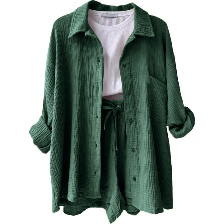 Damen nan lässiges oversized Hemd und Shorts Set mit Brusttasche Kordelbund und gerauter Baumwollstruktur Drune
