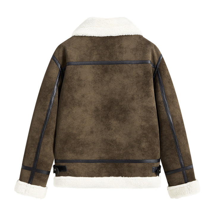 Herren Lammfellimitat Fliegerjacke mit hohem Kragen und Doppel-Schnallenverschluss Drune