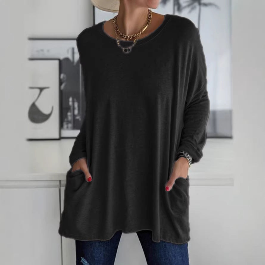 Damen Oversize Tunika mit Seitentaschen und Rundhalsausschnitt Drune