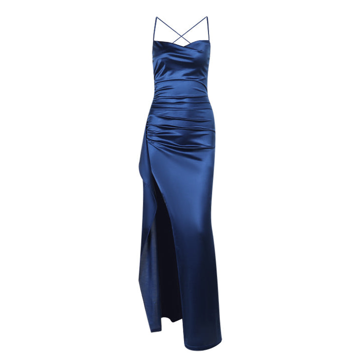 Damen elegantes Satin-Kleid mit tiefem Schlitz und verstellbaren Spaghetti-Trägern Drune