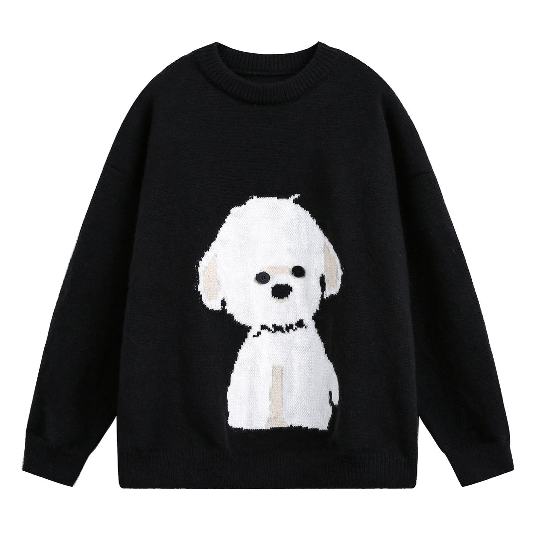 Damen Oversize Strickpullover mit gewebtem Hundemotiv und Knopfaugen Drune