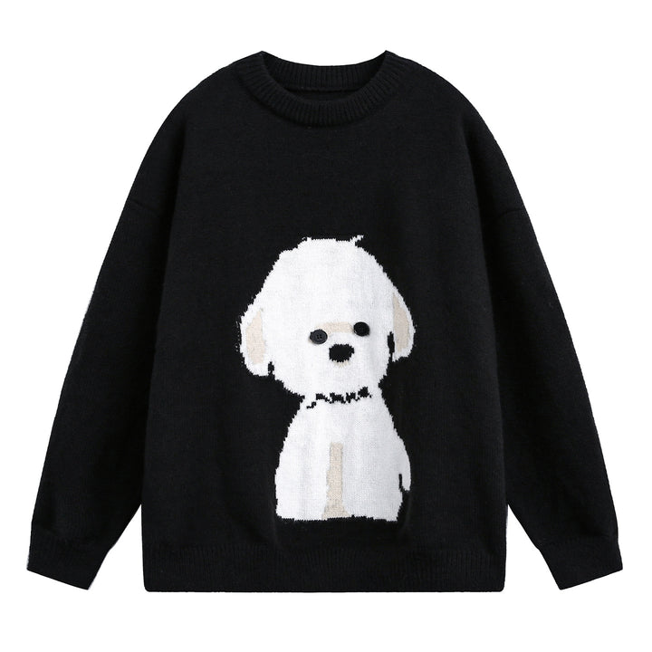 Damen Oversize Strickpullover mit gewebtem Hundemotiv und Knopfaugen Drune