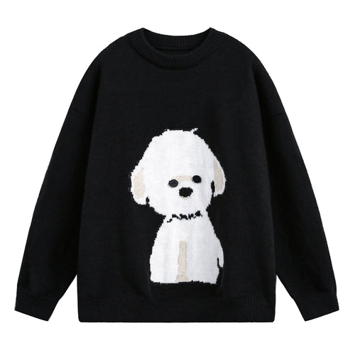 Damen Oversize Strickpullover mit gewebtem Hundemotiv und Knopfaugen Drune