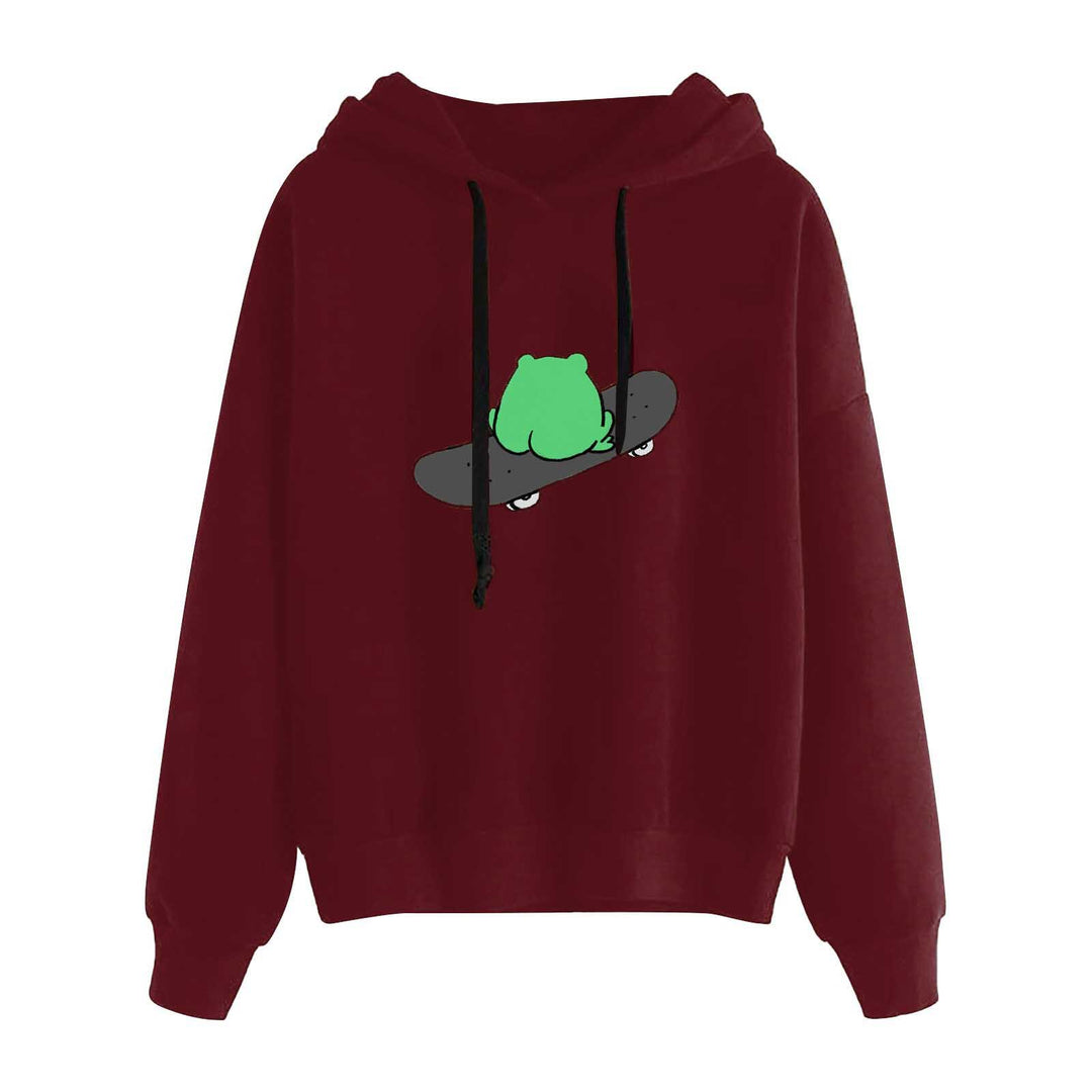 Damen nan kurz geschnittener Cropped-Kapuzenpullover mit niedlicher Frosch-Illustration und verstellbarer Kapuze Drune