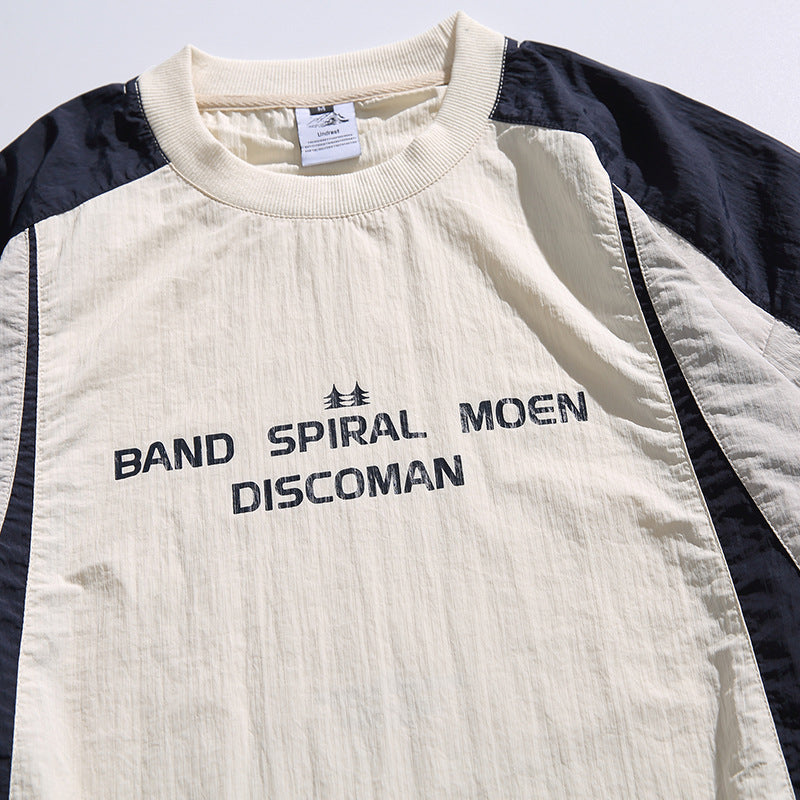 Unisex Weitgeschnittenes Retro-Sportliches Langarmshirt mit Kontrastpaneelen und Kordelzugsaum Drune