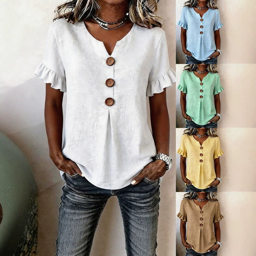 Damen Bluse mit Rüschendetails und Holzknöpfen Drune