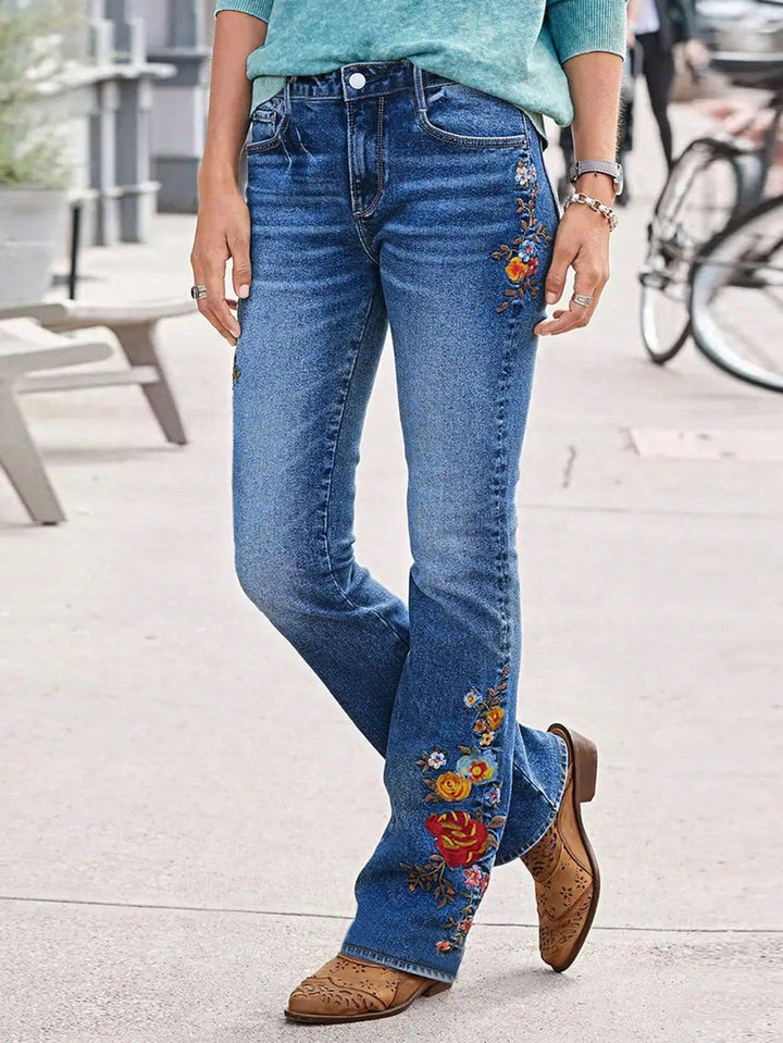 Damen Bootcut-Jeans mit seitlicher Blumenstickerei und komfortablem Stretchbund Drune
