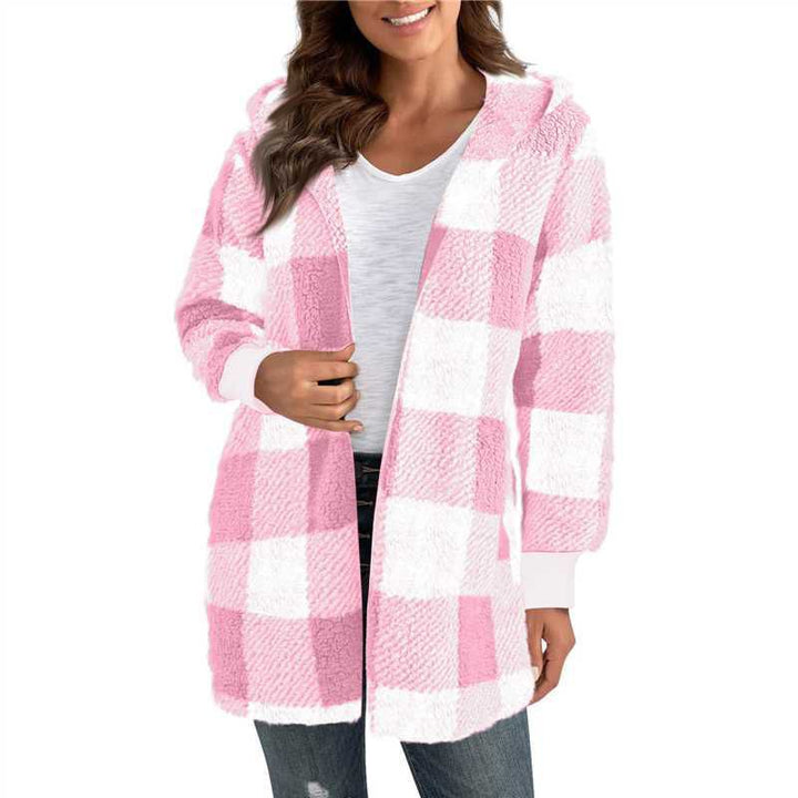 Damen nan karierter Teddy-Mantel mit großem Reverskragen und Rippbündchen Drune