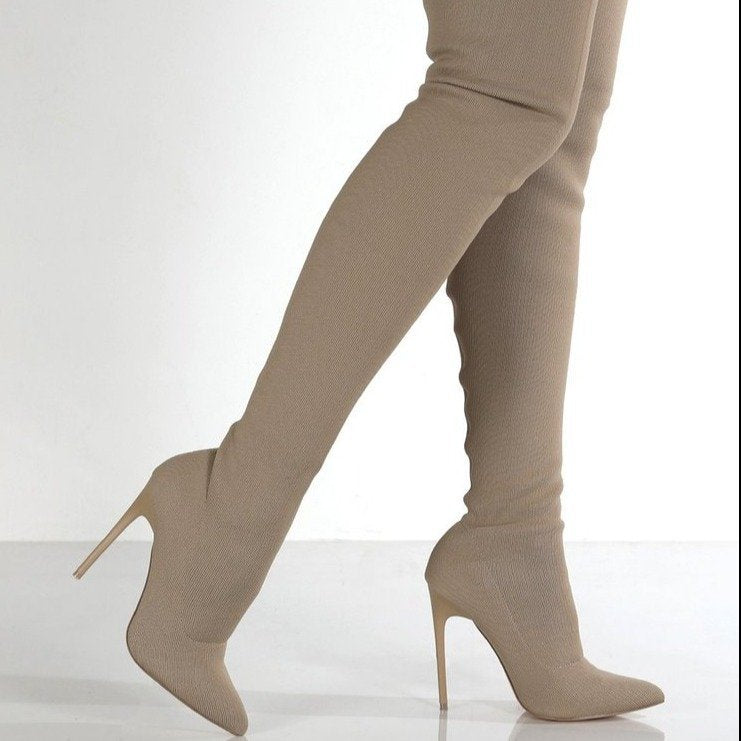 Damen Overknee Stiefel mit elegantem Absatz und hochwertiger Strickstruktur Drune