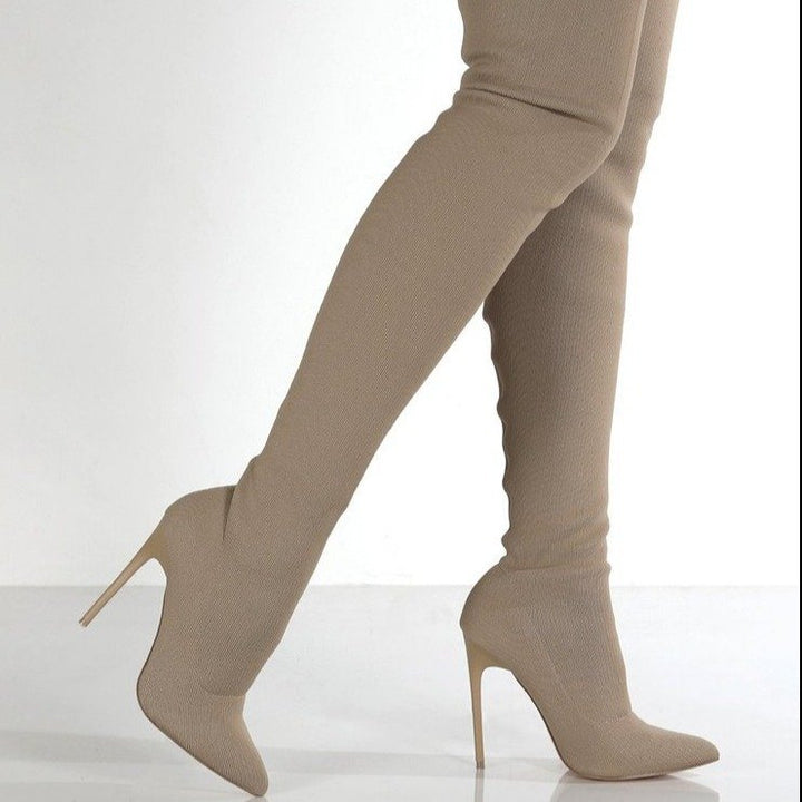 Damen Overknee Stiefel mit elegantem Absatz und hochwertiger Strickstruktur Drune