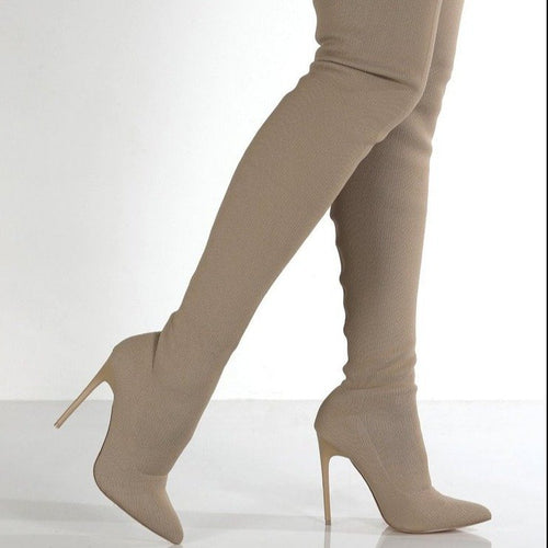 Damen Overknee Stiefel mit elegantem Absatz und hochwertiger Strickstruktur Drune