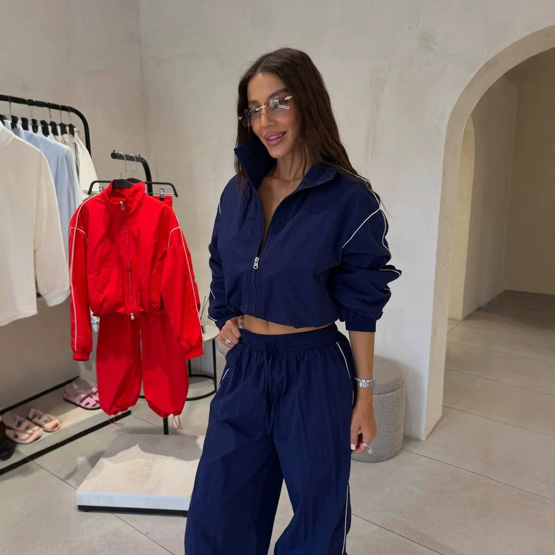 Damen Kurzgeschnittenes Windbreaker-Set mit weiter Trackhose und Kontrastpaspel Drune