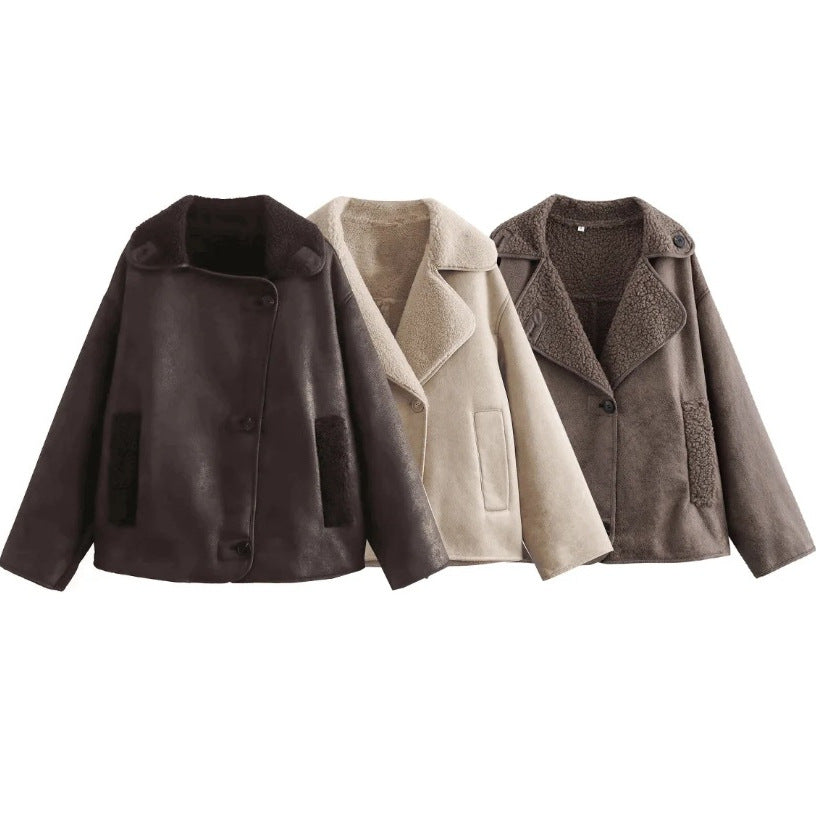 Damen 100+ kurze Lammfell‑Optik Pilotjacke mit Teddyfutter und doppeltgereihter Knopfleiste Drune