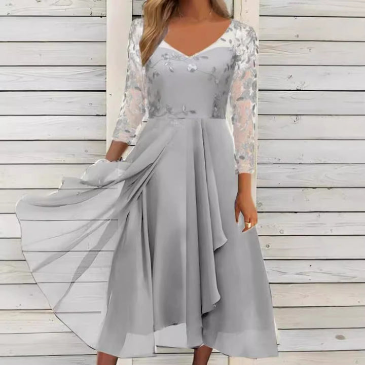Damen nan V-Ausschnitt Chiffon-Midikleid mit besticktem Bustier, transparenten dreiviertel-Ärmeln und asymmetrischem Lagenrock Drune