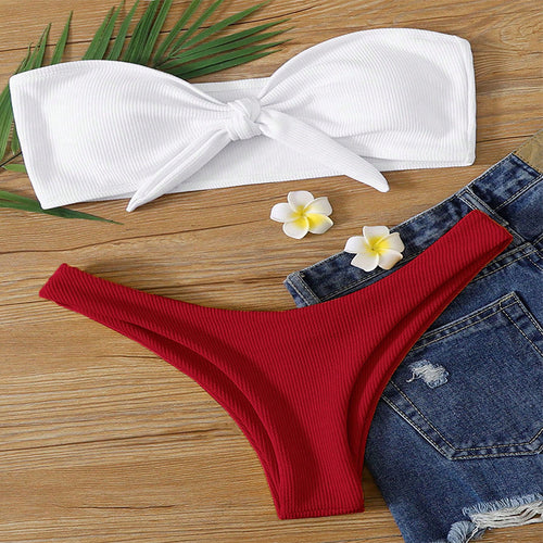 Damen Bandeau-Bikini mit modischem Knoten und hohem Beinausschnitt Drune