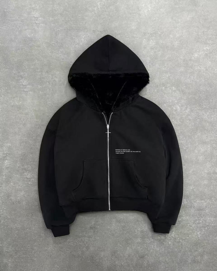 Unisex nan gefütterte Kapuzenjacke kurz geschnitten mit Kreuz-Reißverschluss Drune