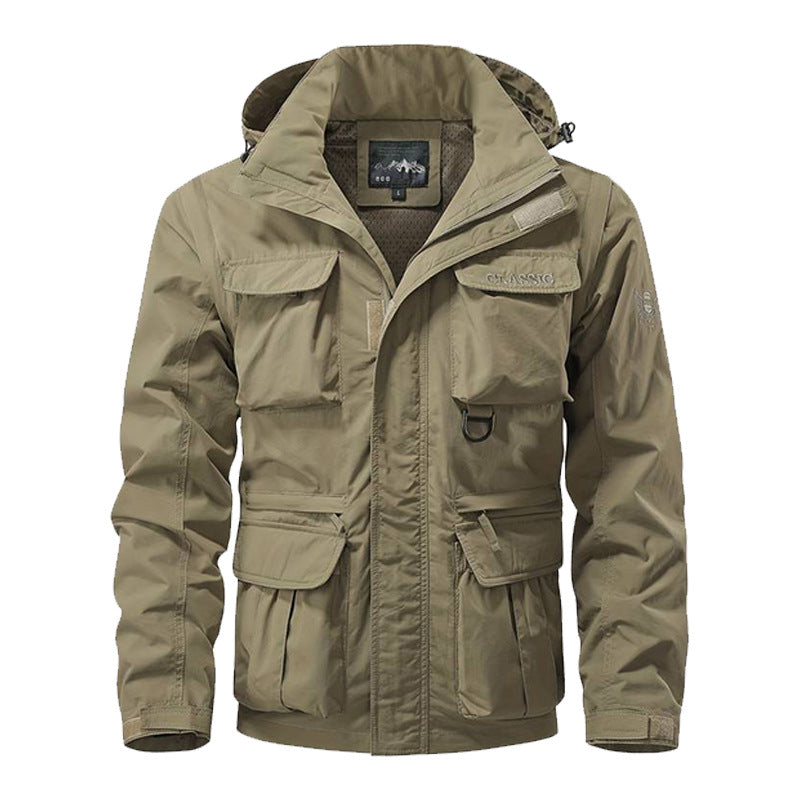 Herren nan multifunktionale Fieldjacke mit Kapuze, zahlreichen Klapp- und Reißverschlusstaschen sowie wind- und wasserabweisender Membran Drune