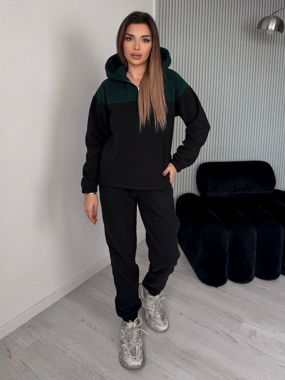 Damen Zweiteiliges Farbblock-Loungewear-Set mit halbem Reißverschluss und schmaler Jogginghose Drune