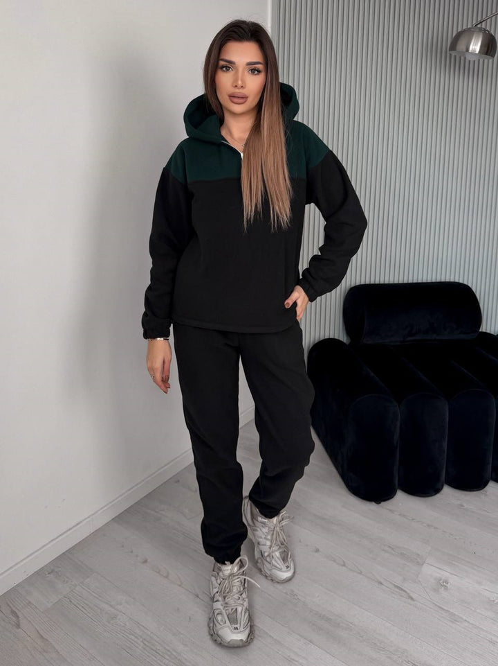 Damen Zweiteiliges Farbblock-Loungewear-Set mit halbem Reißverschluss und schmaler Jogginghose Drune