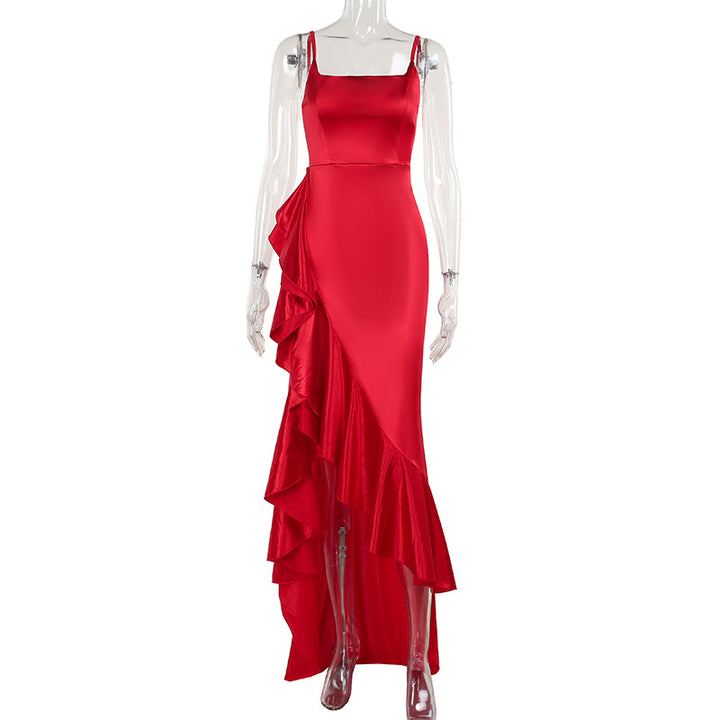 Damen elegantes Maxikleid mit asymmetrischem Rüschensaum und taillierter Silhouette Drune