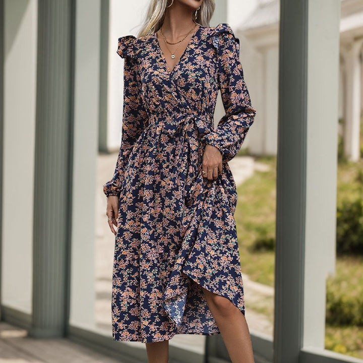 Damen Wickel-Midikleid mit V‑Ausschnitt, Volant-Schultern & Taillenband Drune