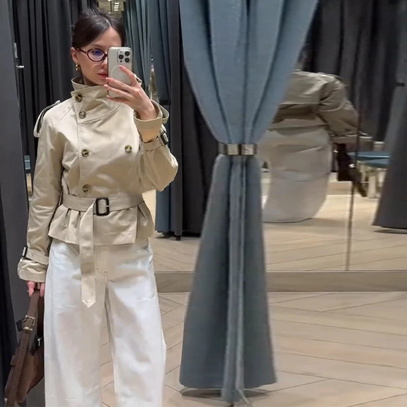 Damen Eleganter Kurz-Trenchcoat mit doppelter Knopfleiste und Taillengürtel Drune