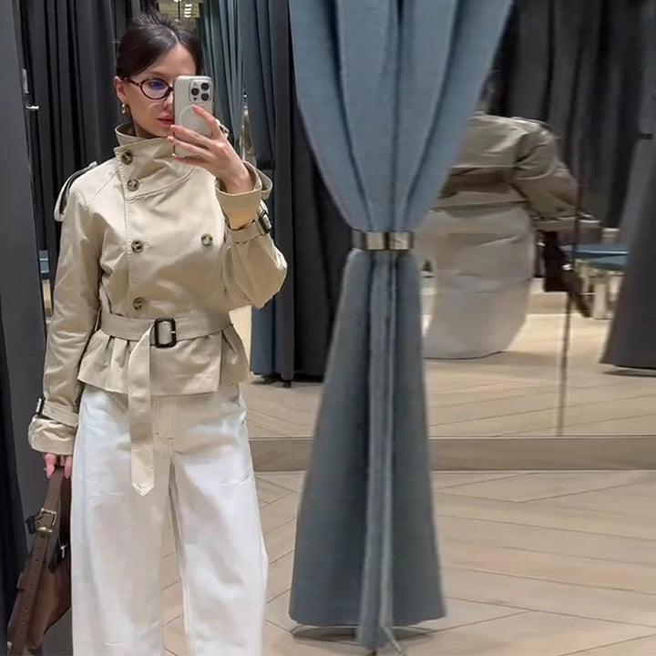 Damen Eleganter Kurz-Trenchcoat mit doppelter Knopfleiste und Taillengürtel Drune