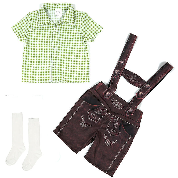 Damen nan traditionelle Trachtenlederhose mit verstellbaren Trägern und kariertem Blusen-Set Drune