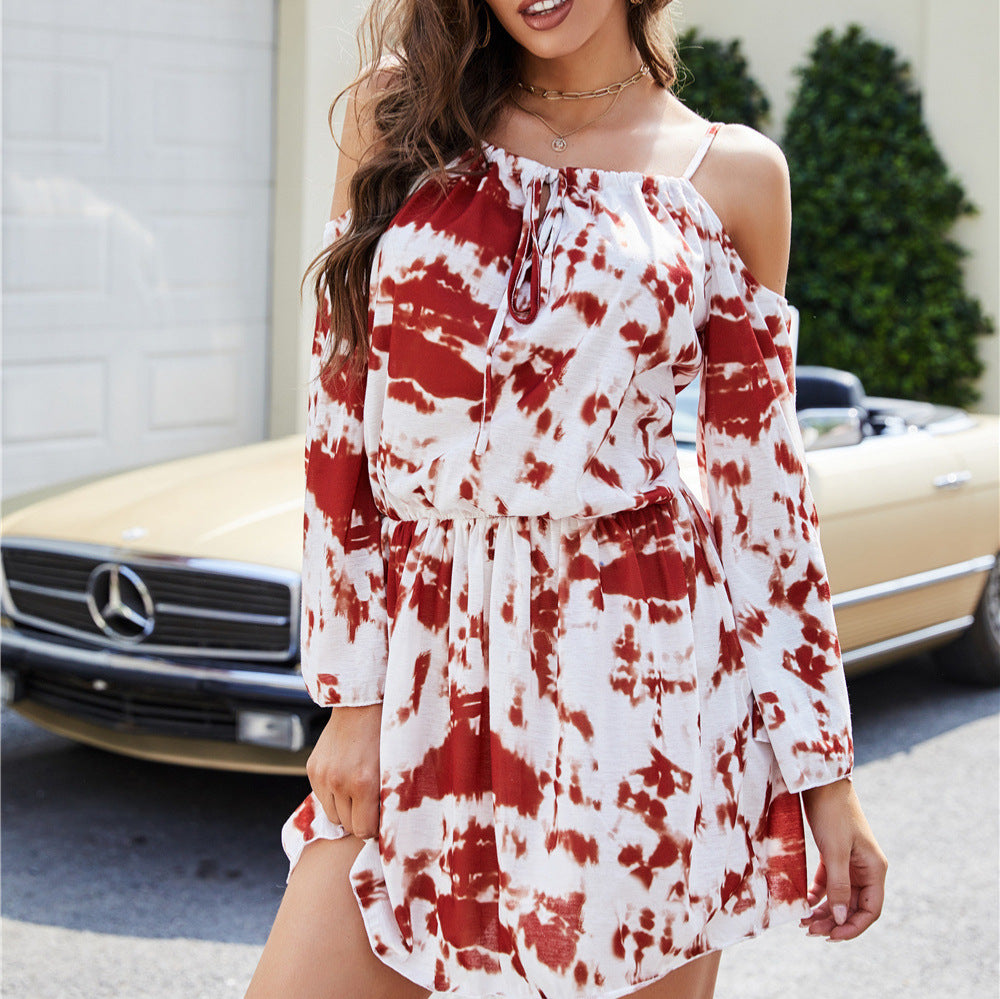 Damen Freizeitkleid mit schulterfreiem Design und Boho-Grafik Drune