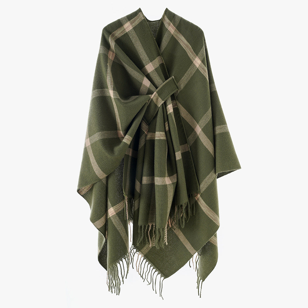 Damen Cape‑Poncho mit integriertem Bindegürtel, kastiger Oversize‑Silhouette und Fransensaum Drune