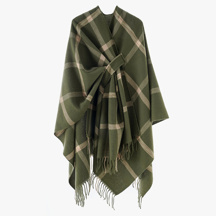 Damen Cape‑Poncho mit integriertem Bindegürtel, kastiger Oversize‑Silhouette und Fransensaum Drune