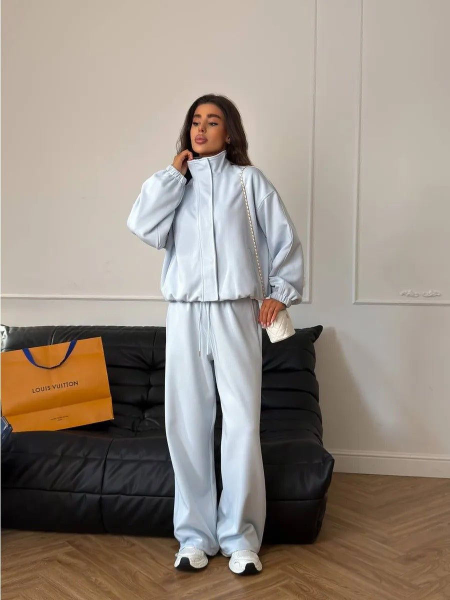 Damen gekürztes Reißverschluss-Hoodie mit Stehkragen und hochgeschnittener Kordel-Jogginghose Drune