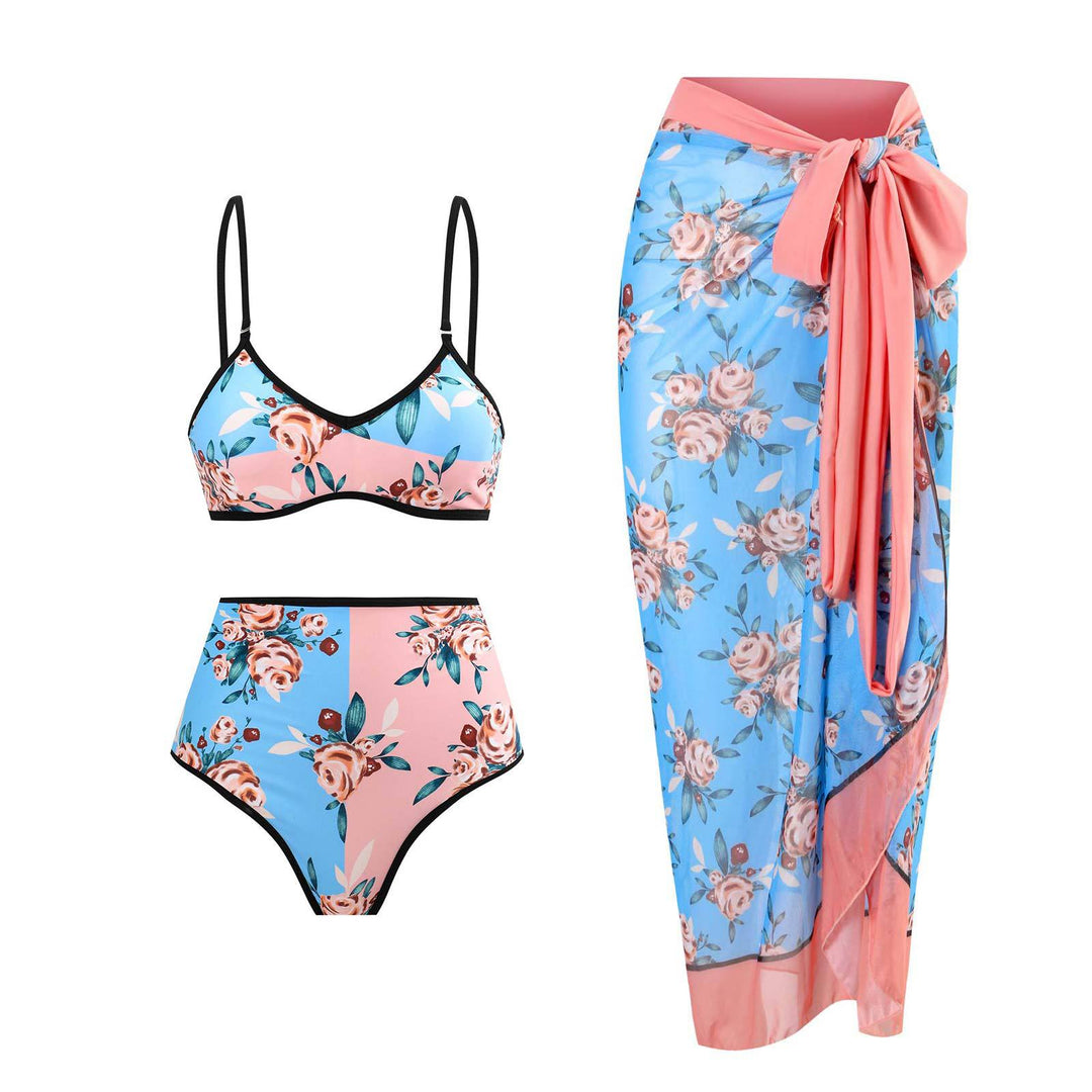 Damen Hochgeschnittener Bikini mit floralem Muster und kontrastierendem Detail Drune