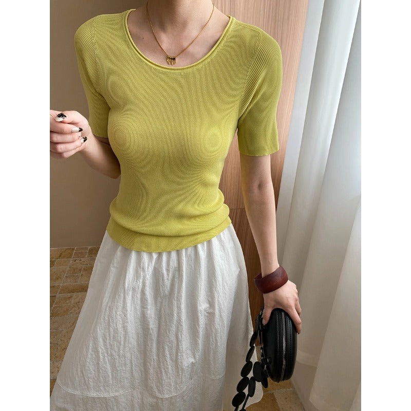 Damen figurbetontes Rippenshirt mit Rundhalsausschnitt Drune