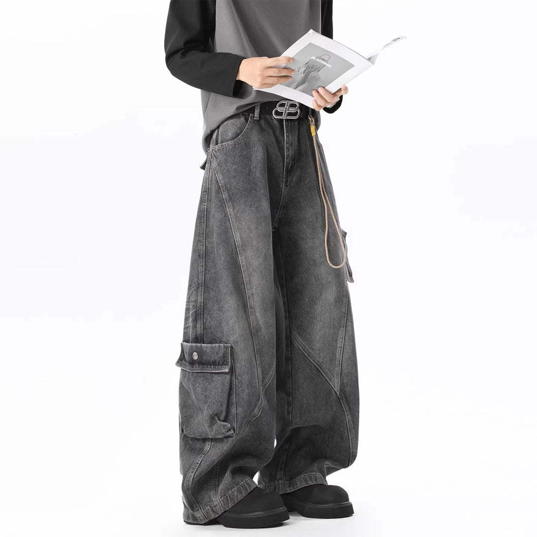 Damen Baggy-Cargo-Jeans aus gewaschenem Denim mit hoher Taille und Panelnähten Drune