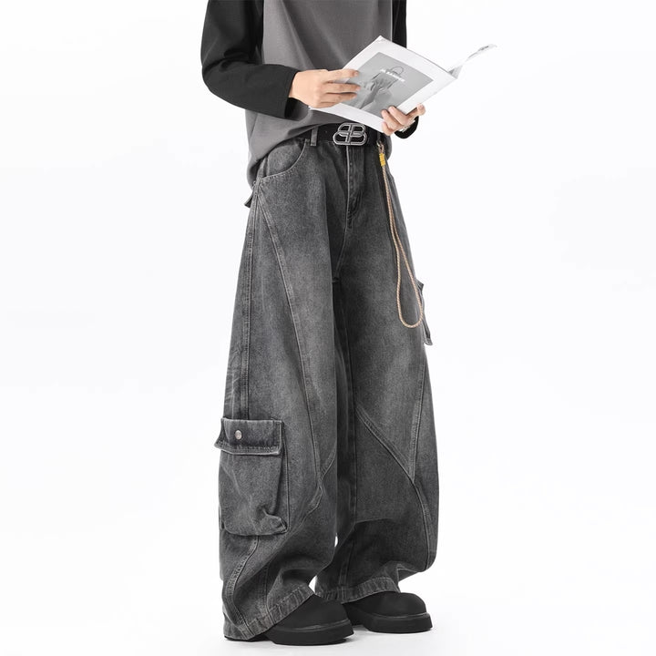 Damen Baggy-Cargo-Jeans aus gewaschenem Denim mit hoher Taille und Panelnähten Drune