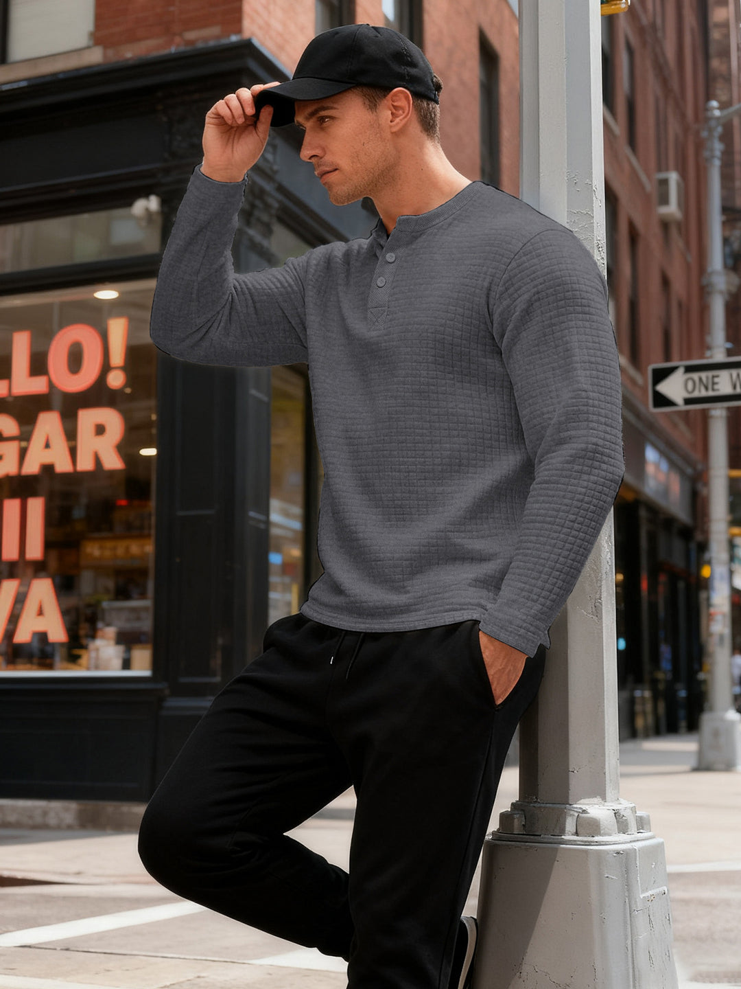 Herren nan strukturiertes Henley-Langarmshirt aus Waffelstrick mit Stehkragen und schmaler Silhouette Drune