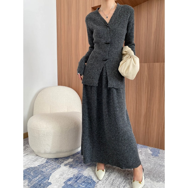 Damen elegantes Long-Strickkleid mit feinen Knopfdetails Drune