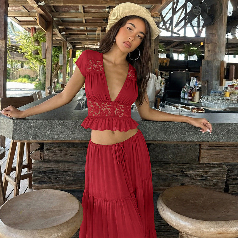 Damen Elegantes Maxikleid mit Spitzenoberteil und fließendem Saum Drune