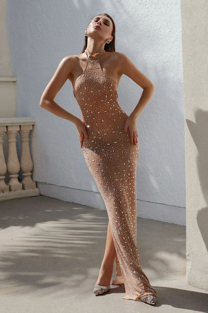 Damen elegantes bodenlanges Abendkleid mit glitzernden Akzenten und schmalem Kragen Drune