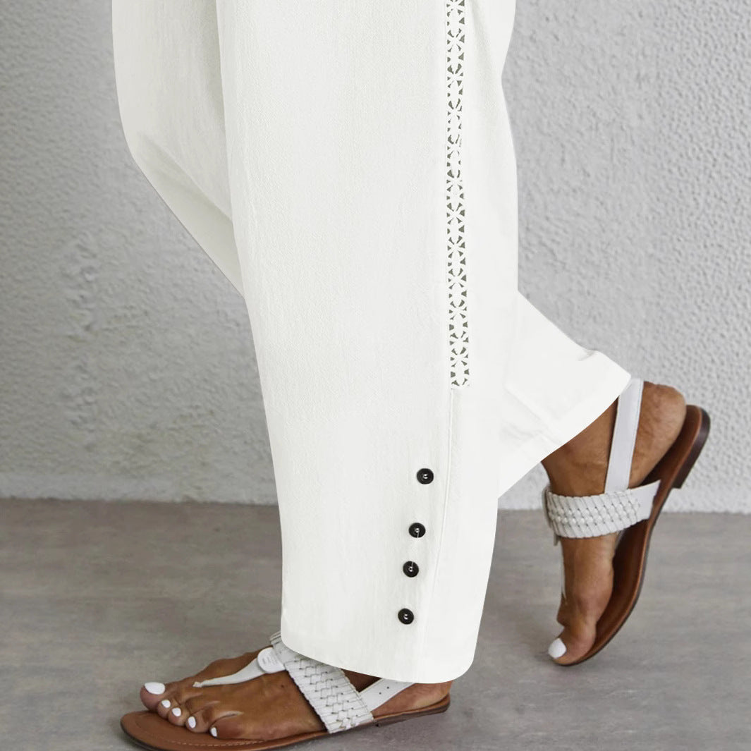 Damen Leichte Palazzo-Hose mit Gummibund, Tunnelzug und Zierknopf-Detail Drune