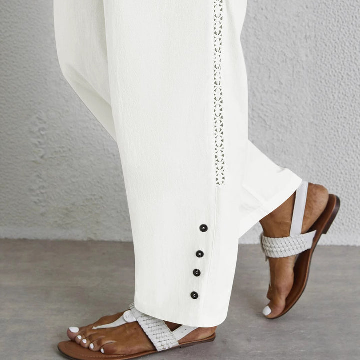 Damen Leichte Palazzo-Hose mit Gummibund, Tunnelzug und Zierknopf-Detail Drune
