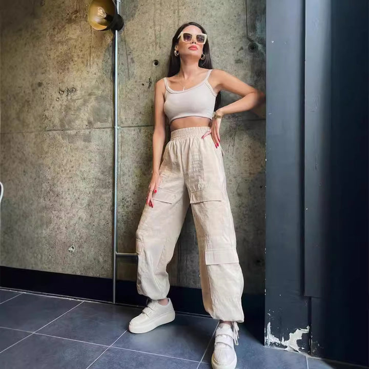 Damen Cargo-Haremshose mit hoher elastischer Taille und aufgesetzten Klappentaschen Drune