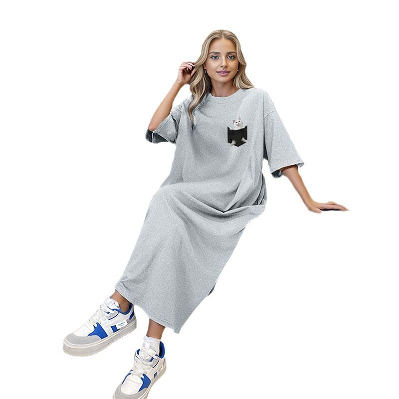 Damen nan lässiges Maxikleid Loungekleid mit Brusttasche und Katzenprint Drune