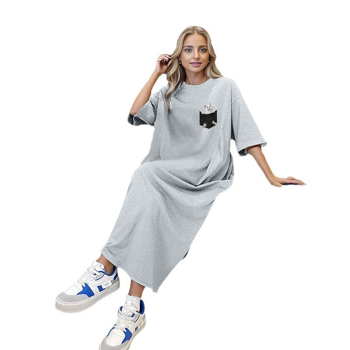 Damen nan lässiges Maxikleid Loungekleid mit Brusttasche und Katzenprint Drune