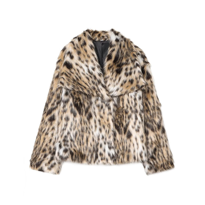 Damen nan kurze Kunstfelljacke mit Wildmuster, V-Ausschnitt und taillierter Silhouette Drune