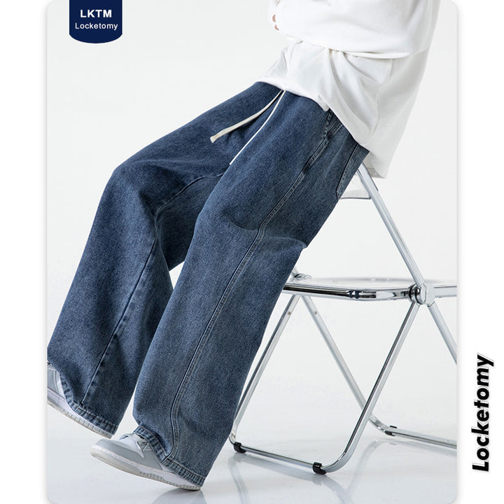 Herren Weitbeinige Denim-Baggyhose mit Tunnelzugbund und geradem Saum Drune