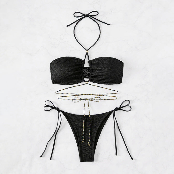 Damen Bandeau-Bikini mit dekorativem Kettenakzent und verstellbaren Bindebändern Drune